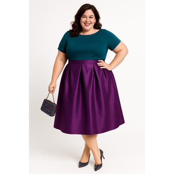 Sexy Diva Deep Purple Box Pleat Midi Skirt 1X – Silk Shantung Look - Picture 1 of 6